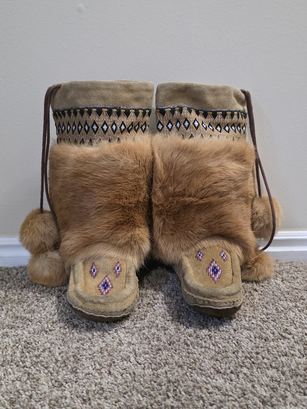 Suede Fur-Trim Mukluk Boots in Tan with Bead Detail